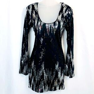 NWT SKY Metallic Sequin Dress M Black Silver Rhinestone Chain Detail RHOC